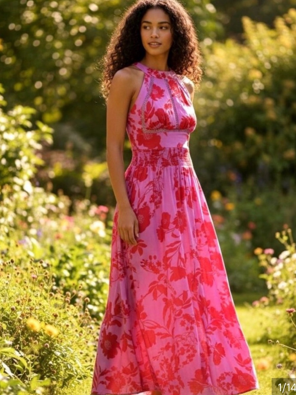 Anthro Abel The Label Floral Halter Maxi Dress in Pink and Red